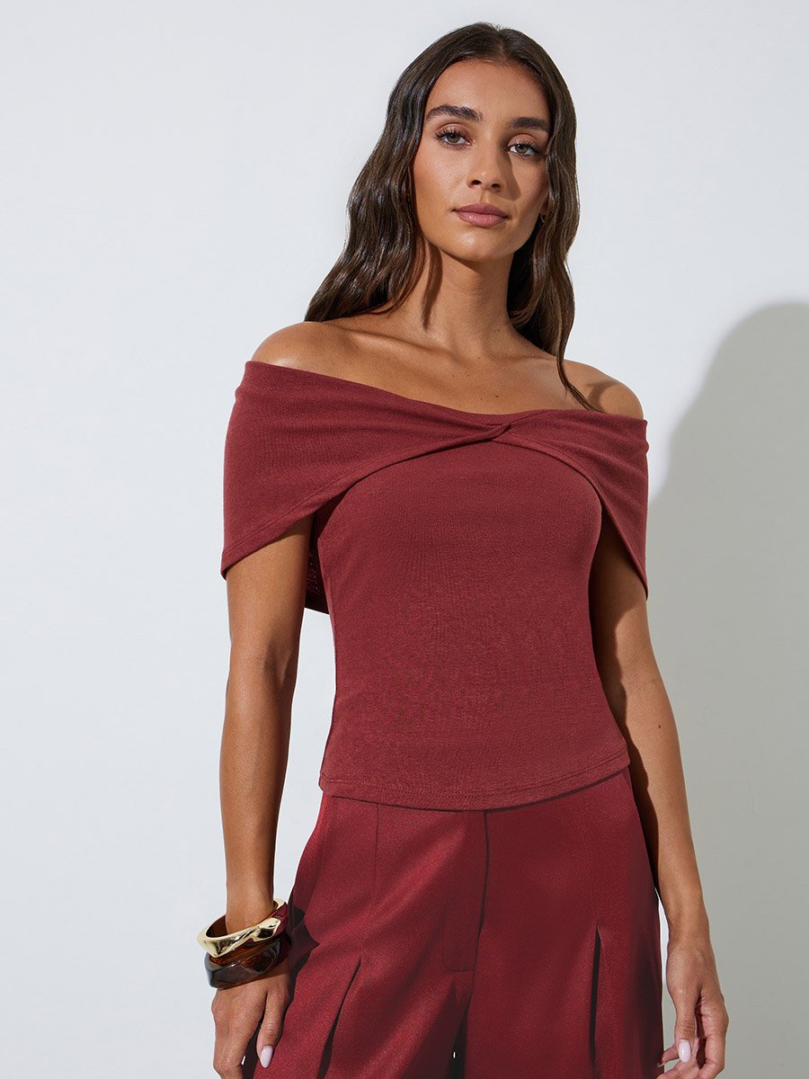 Burgundy Solid Off Shoulder Crisscross Knit Top