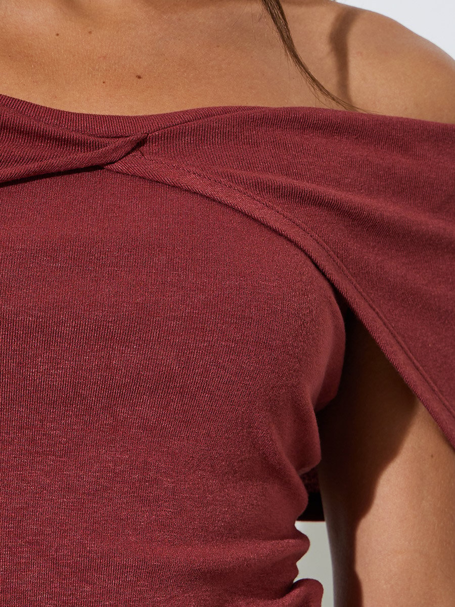 Burgundy Solid Off Shoulder Crisscross Knit Top