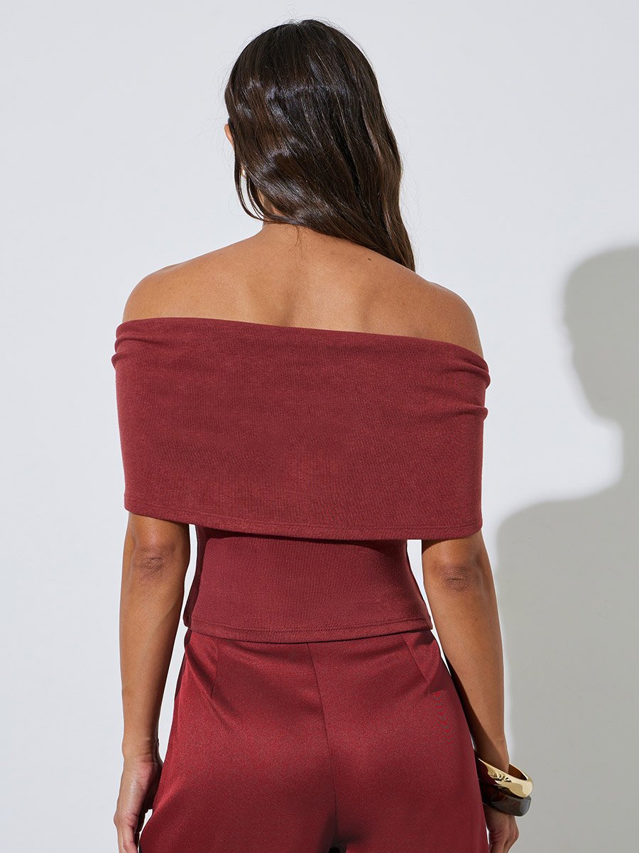 Burgundy Solid Off Shoulder Crisscross Knit Top