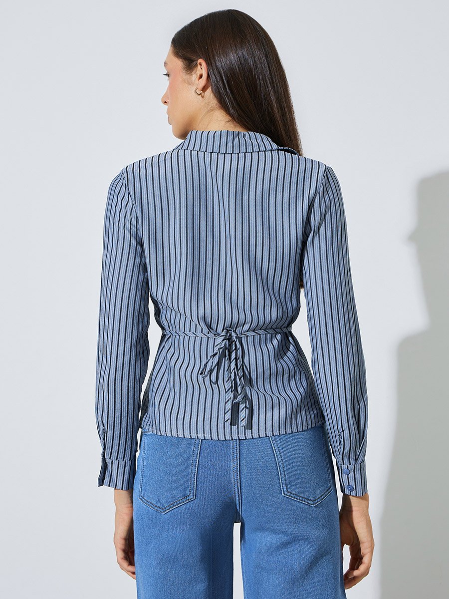 Blue Striped Waist Tie-Up Fitted Shirt
