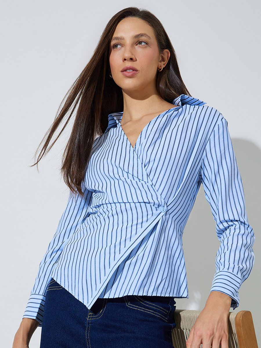 Light Blue Striped Wrap Top with Open Collar