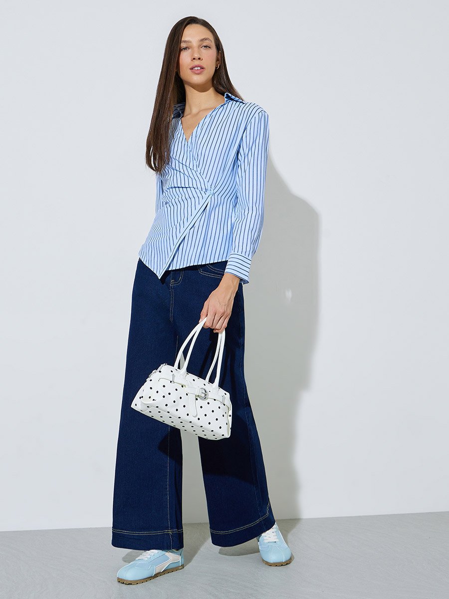 Light Blue Striped Wrap Top with Open Collar