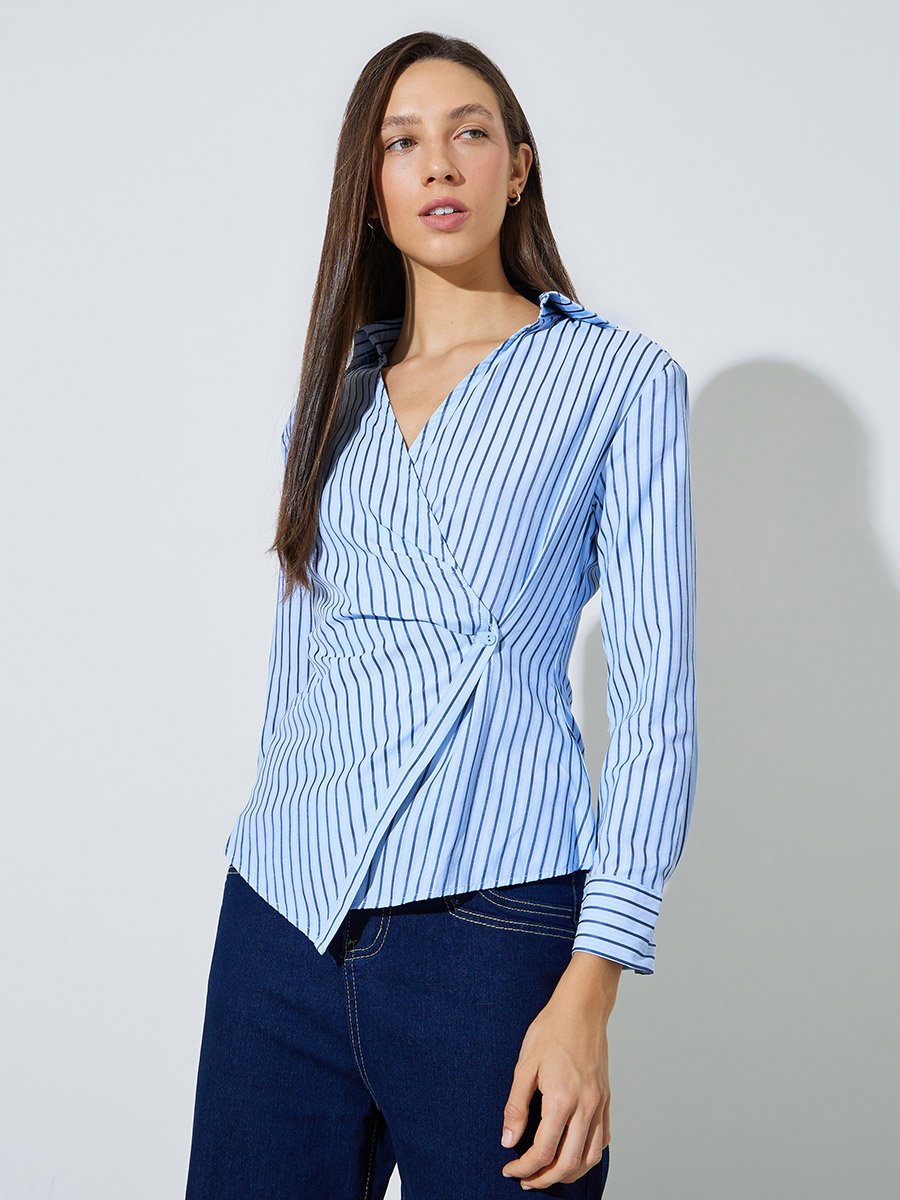 Light Blue Striped Wrap Top with Open Collar