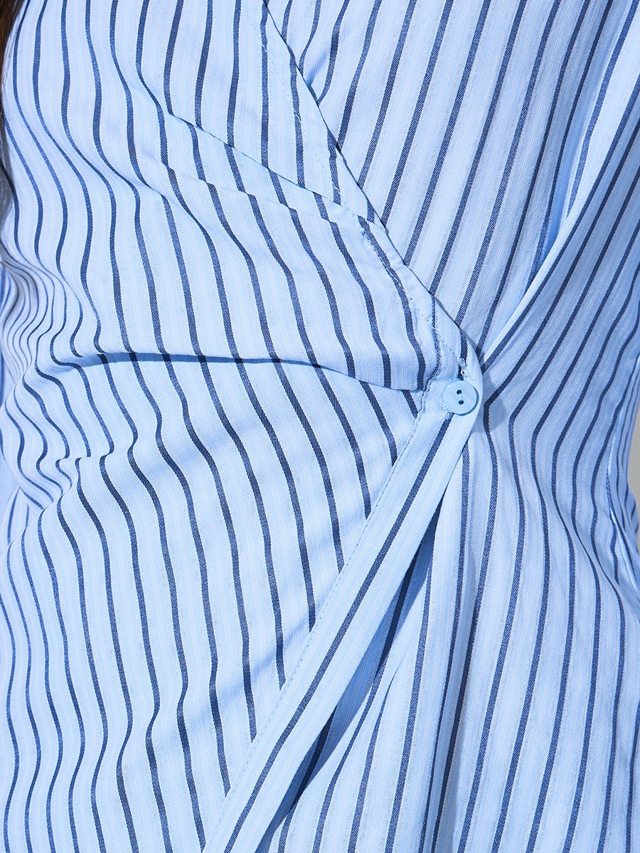 Light Blue Striped Wrap Top with Open Collar