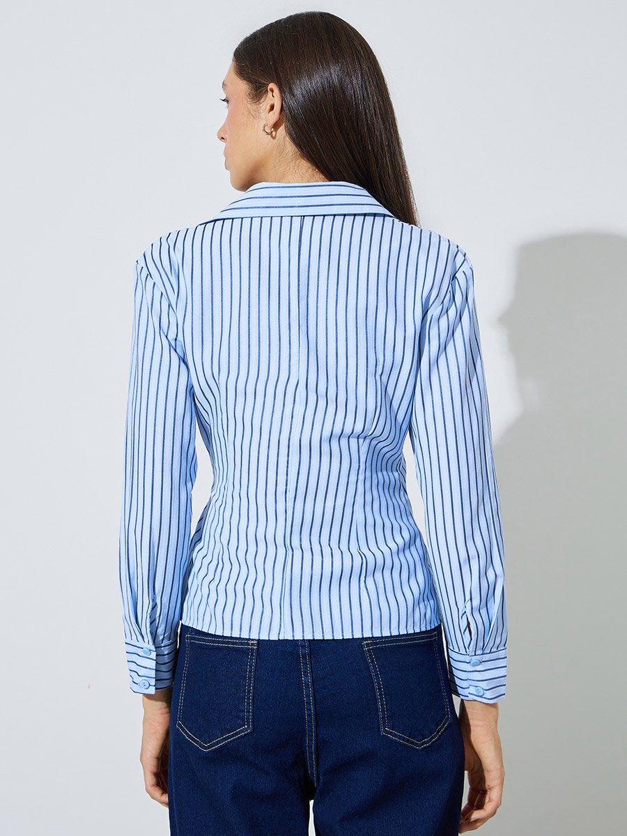 Light Blue Striped Wrap Top with Open Collar