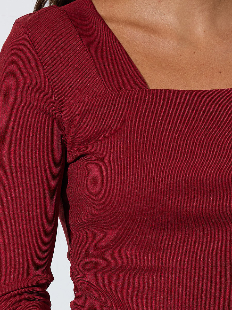 Marron Square Neck Long Sleeve Fitted Knit Top