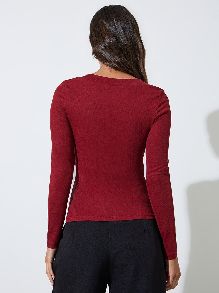 Marron Square Neck Long Sleeve Fitted Knit Top