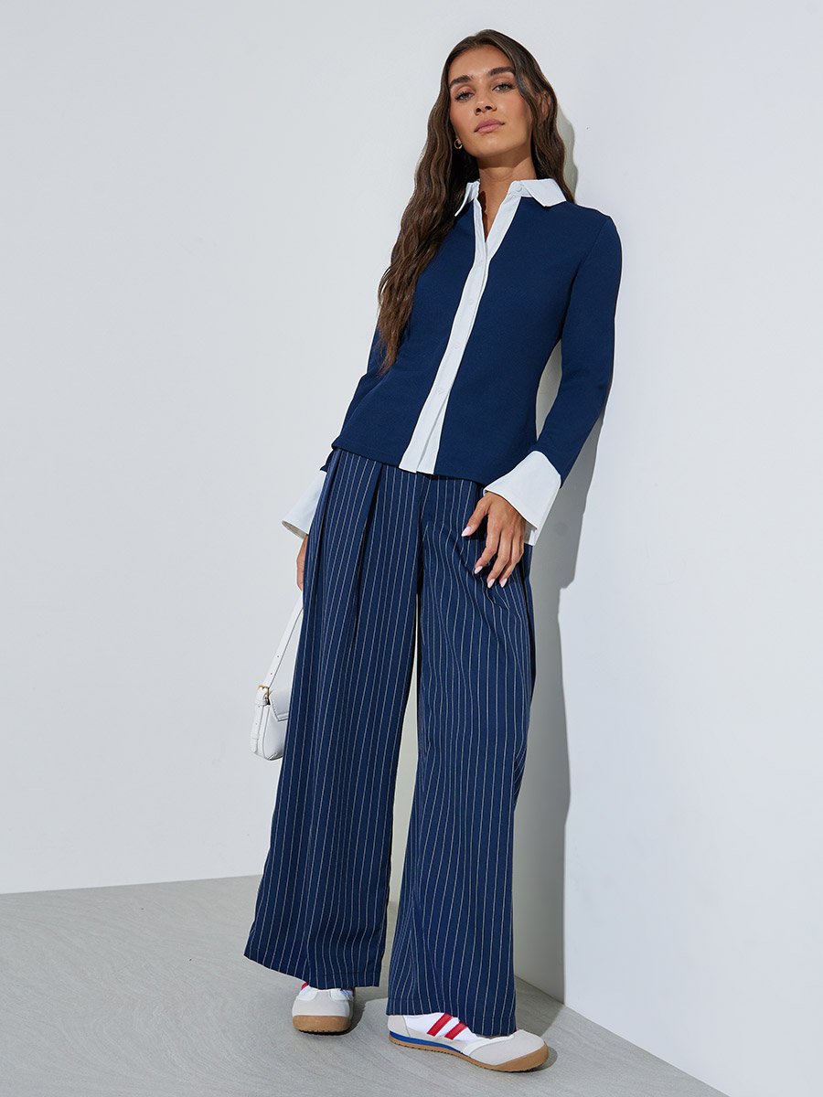 Navy Blue Long Sleeve Ribbed Shirt with Contrast Collar and Cuffs