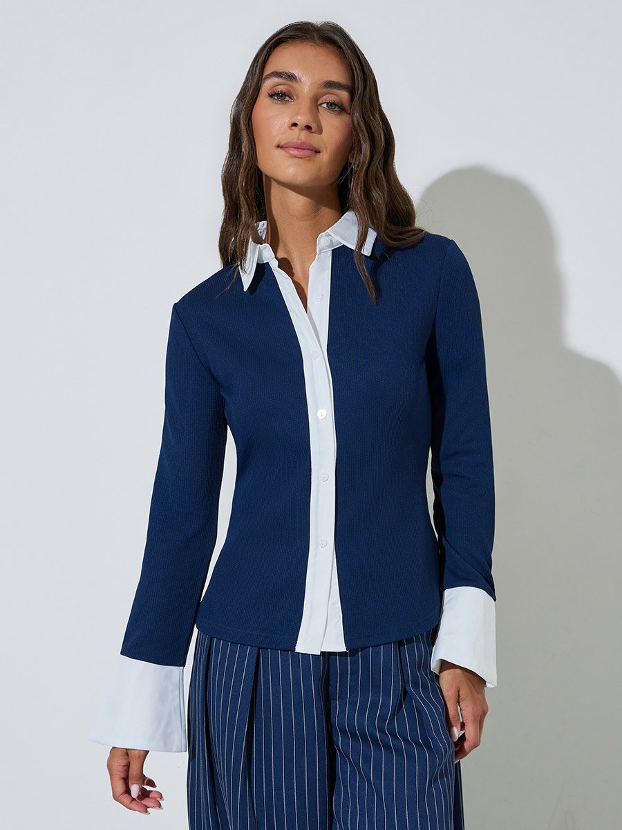 Navy Blue Long Sleeve Ribbed Shirt with Contrast Collar and Cuffs