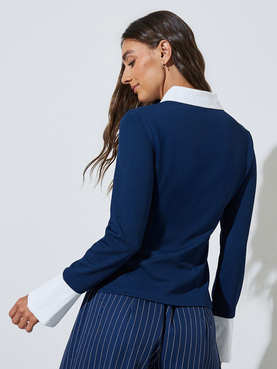 Navy Blue Long Sleeve Ribbed Shirt with Contrast Collar and Cuffs