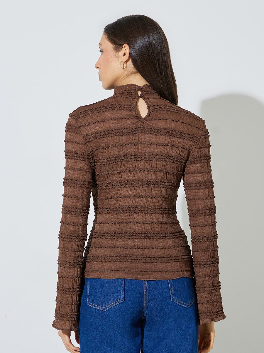 Coffee Brown High Neck Textured Knit Top