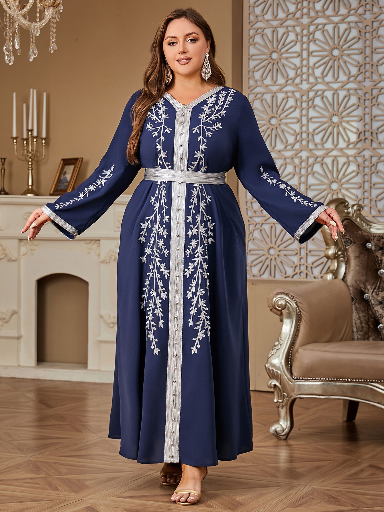 Plus Size Navy Blue Belted Embroidered V-Neck Maxi Jalabiya