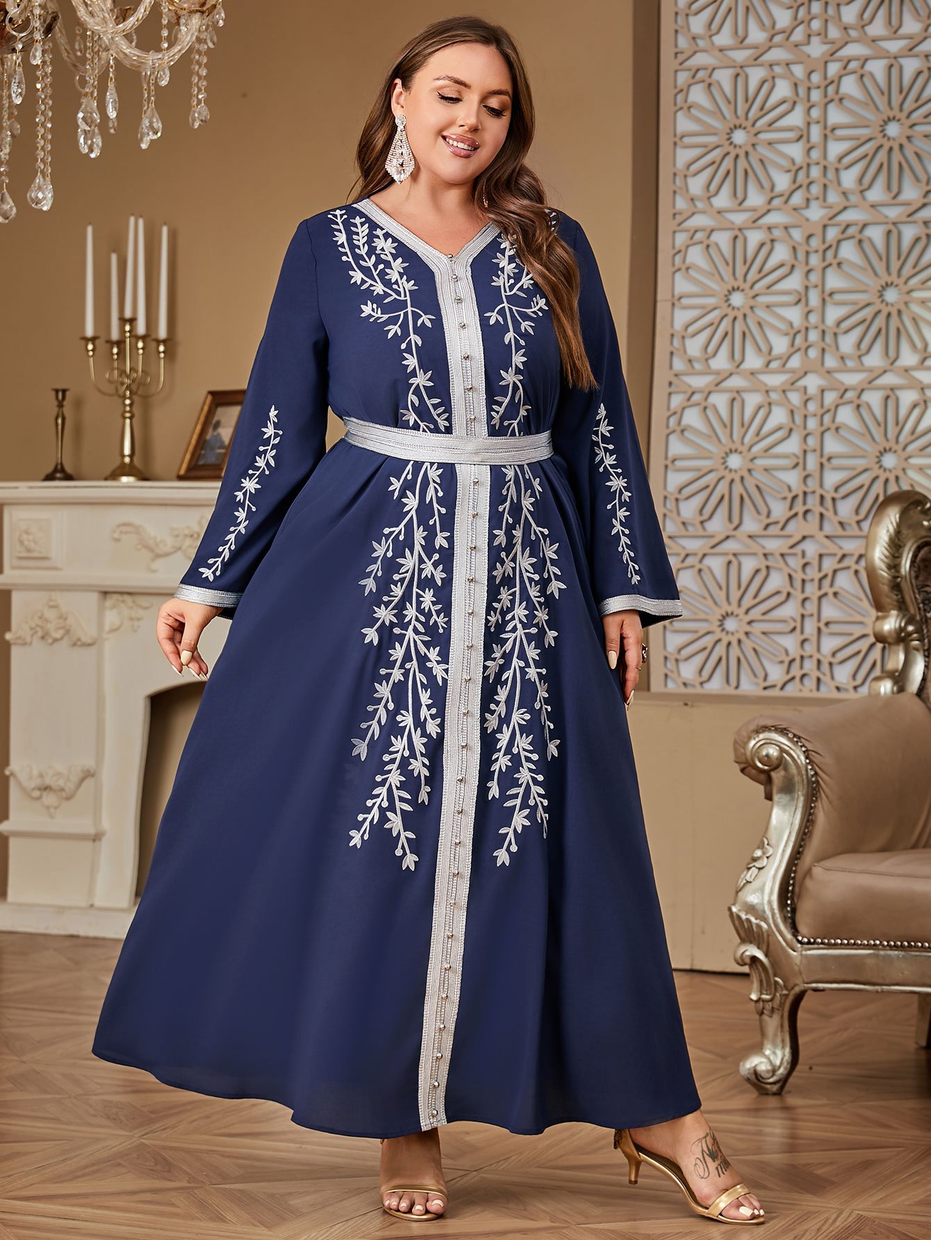 Plus Size Navy Blue Belted Embroidered V-Neck Maxi Jalabiya