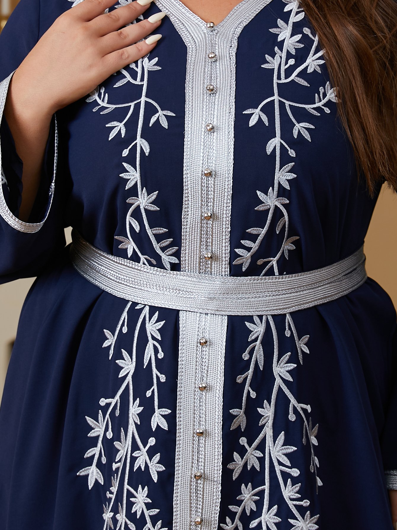 Plus Size Navy Blue Belted Embroidered V-Neck Maxi Jalabiya