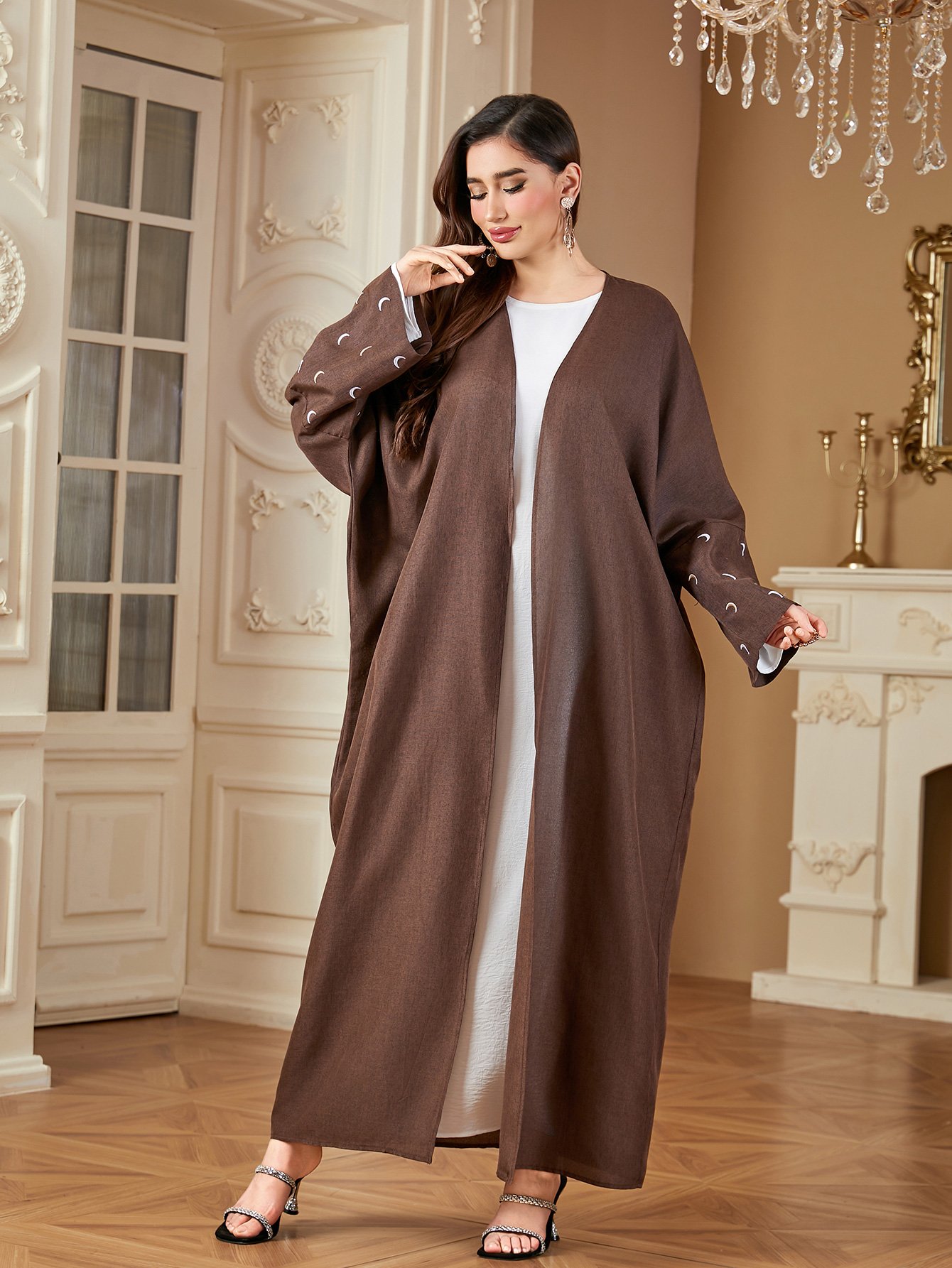 Coffee Brown Crescent Embroidered Open Front Abaya