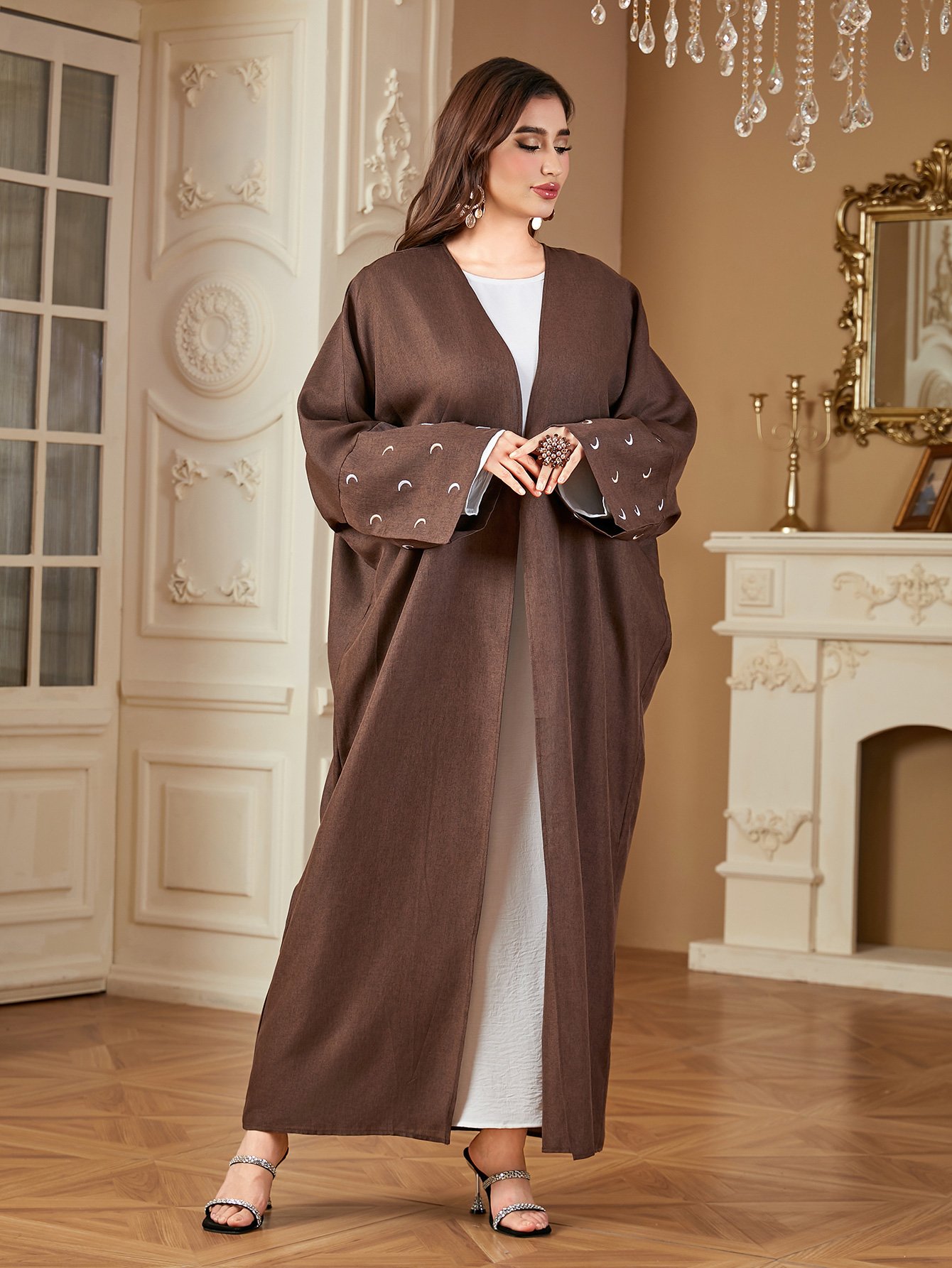 Coffee Brown Crescent Embroidered Open Front Abaya