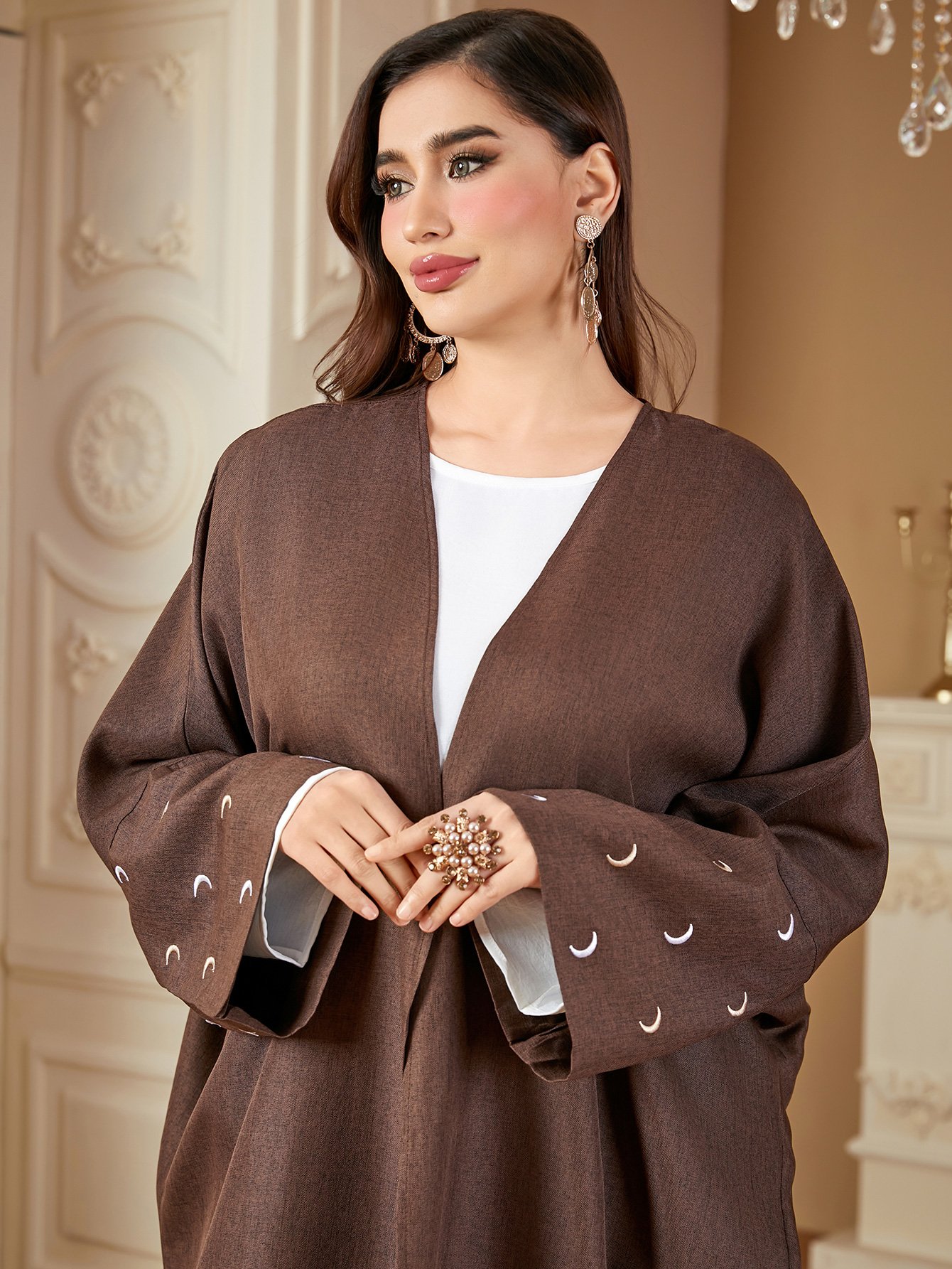 Coffee Brown Crescent Embroidered Open Front Abaya