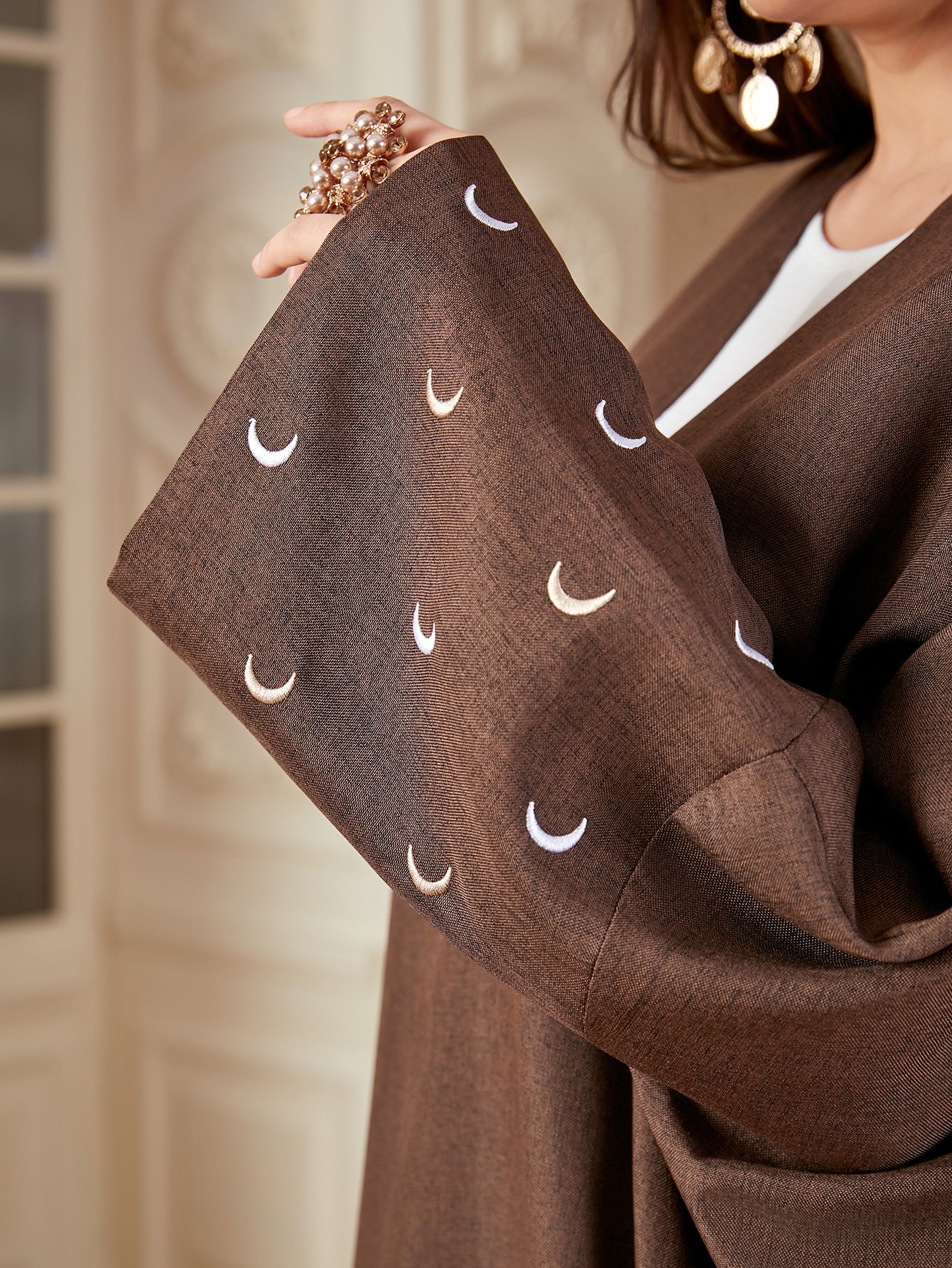 Coffee Brown Crescent Embroidered Open Front Abaya