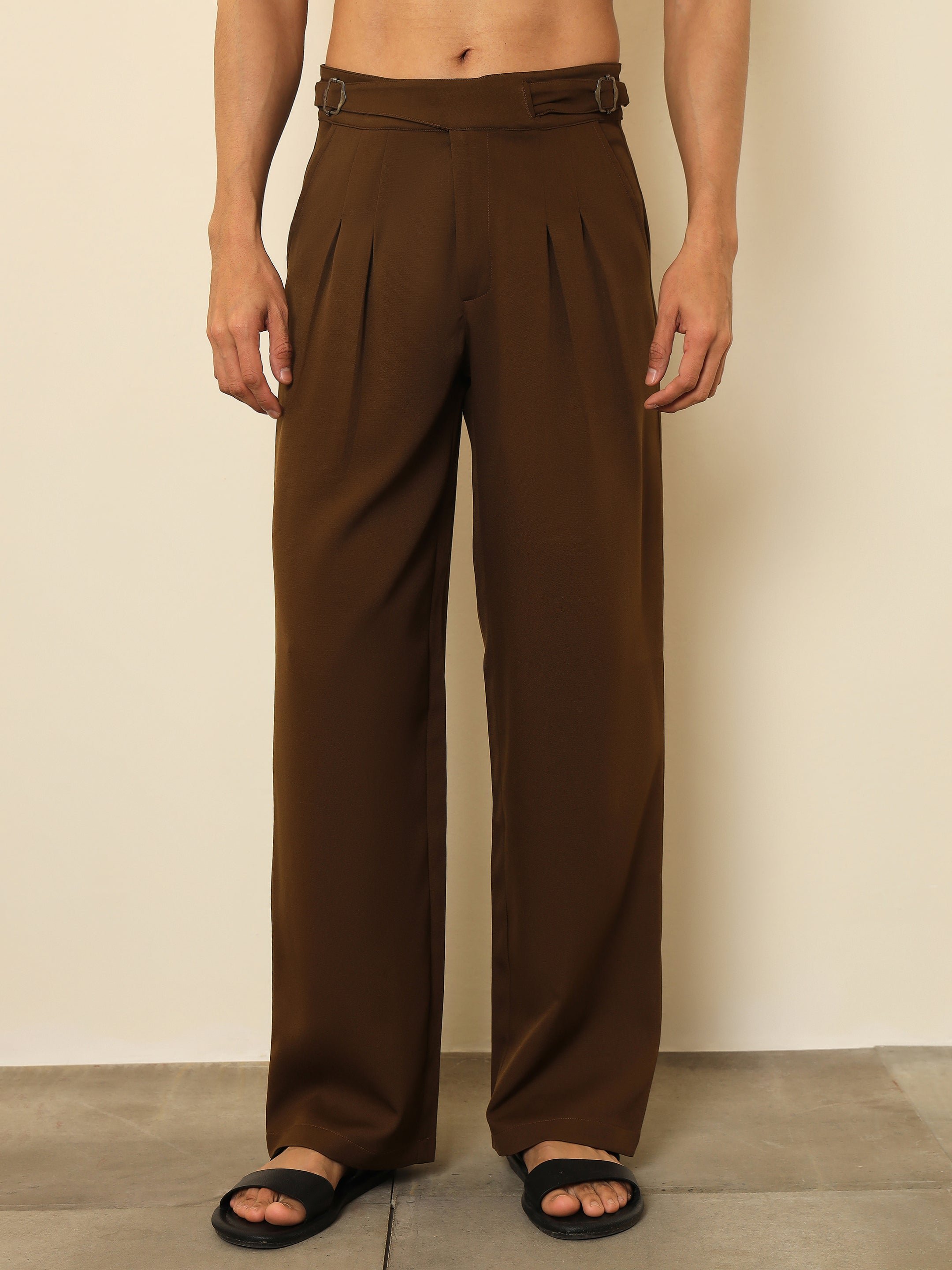 Men Tan Double Waist Adjuster Korean Pants