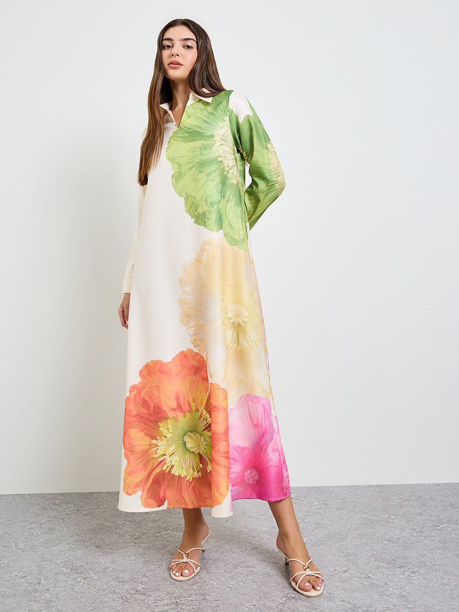 Open Collar Placement Print Jalabiya