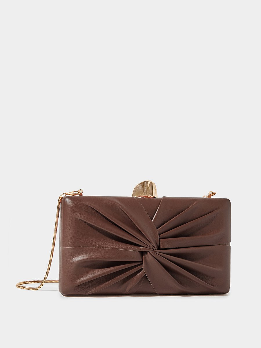 Brown Ruched Hardcase Clutch with Chain Strap