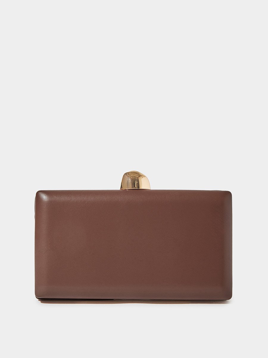 Brown Ruched Hardcase Clutch with Chain Strap