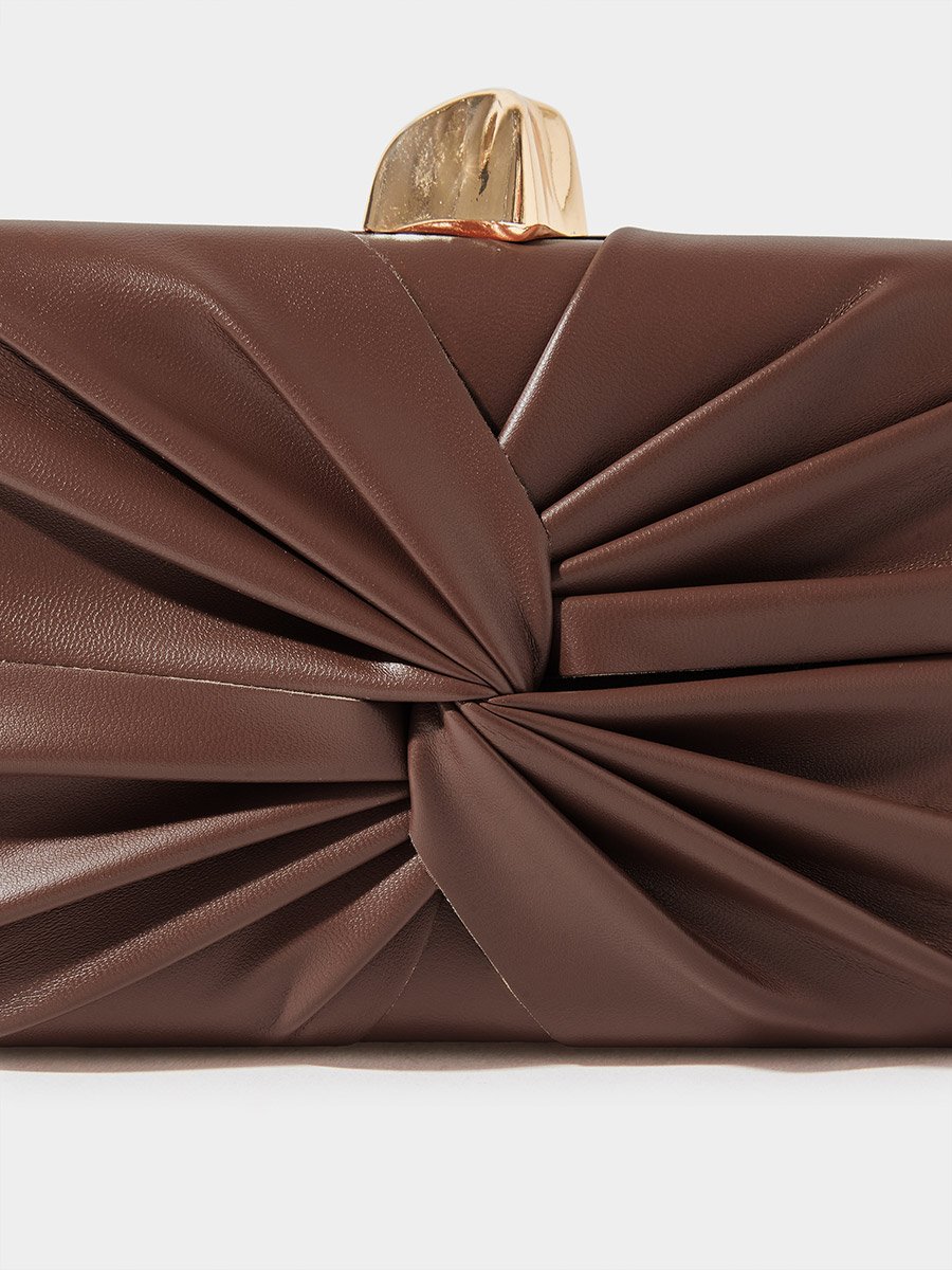Brown Ruched Hardcase Clutch with Chain Strap