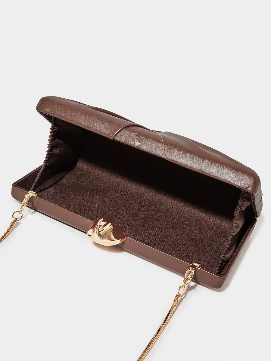Brown Ruched Hardcase Clutch with Chain Strap