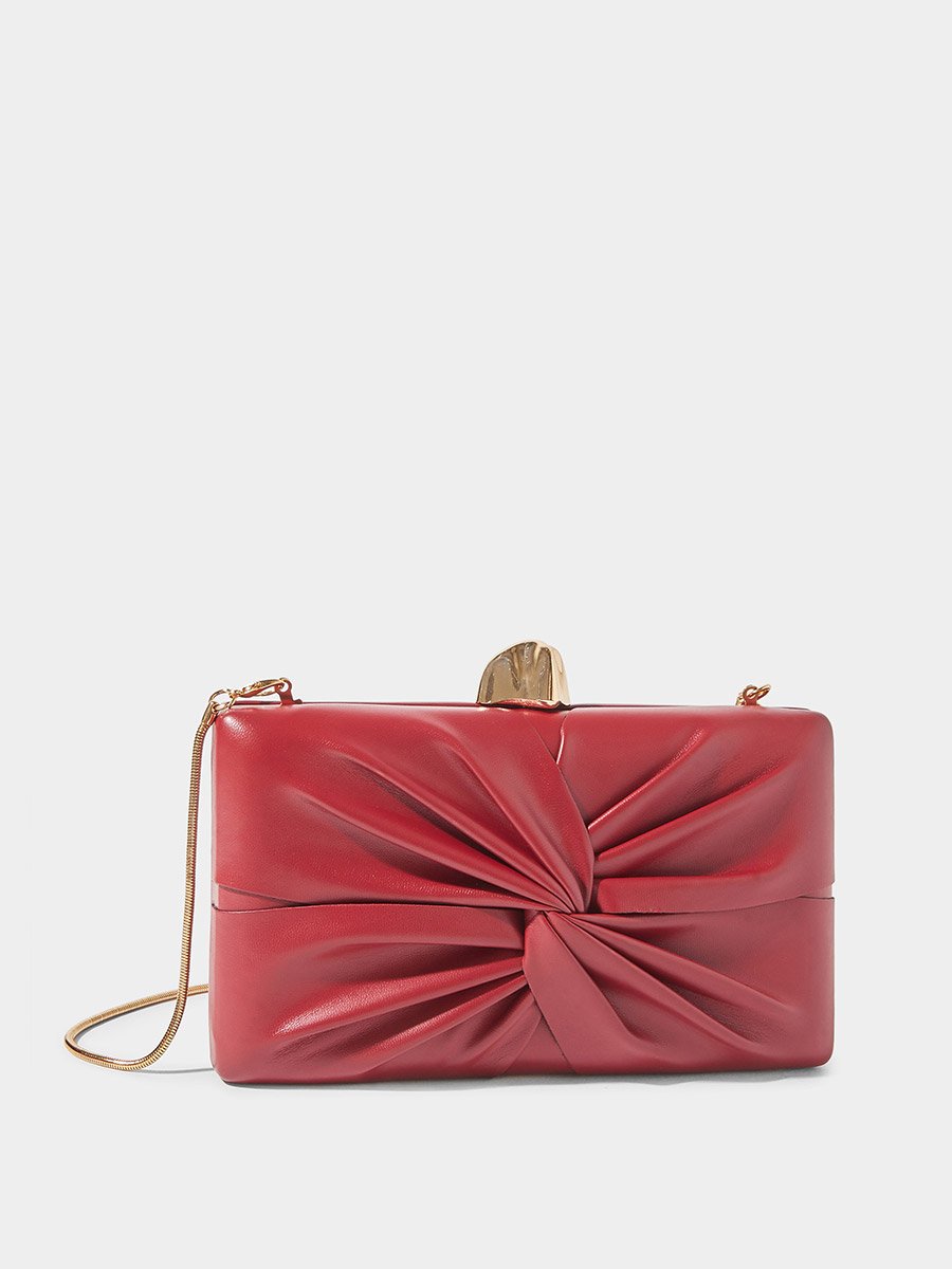 Burgundy Ruched Hardcase Clutch with Chain Strap