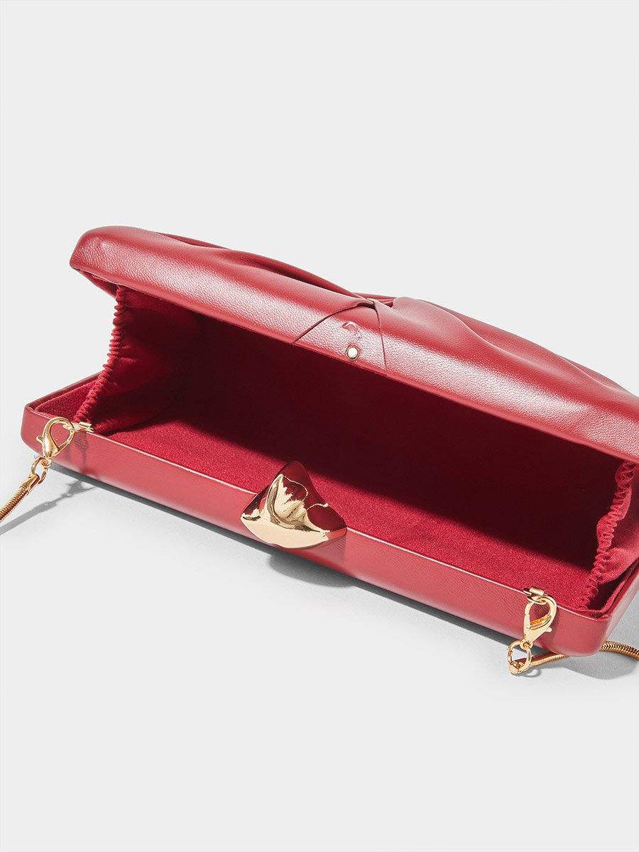 Burgundy Ruched Hardcase Clutch with Chain Strap