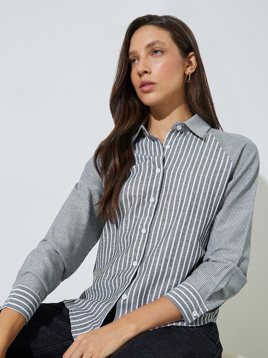 Black Striped Raglan Sleeve Shirt