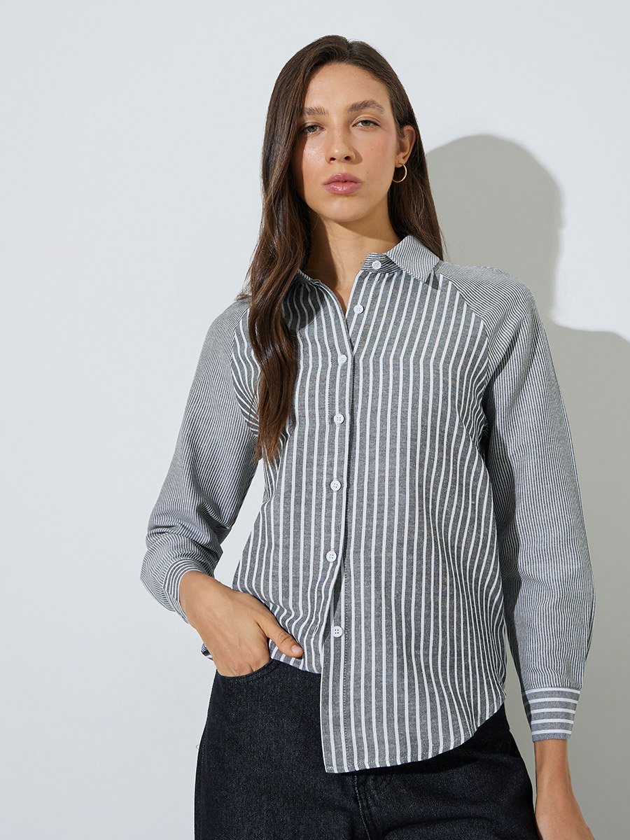 Black Striped Raglan Sleeve Shirt