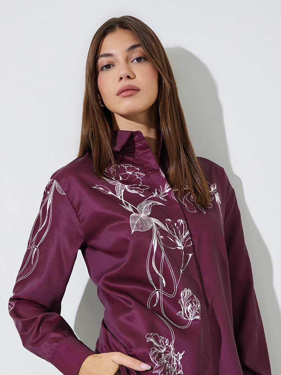 Burgundy Floral Print Long Sleeves Shirt