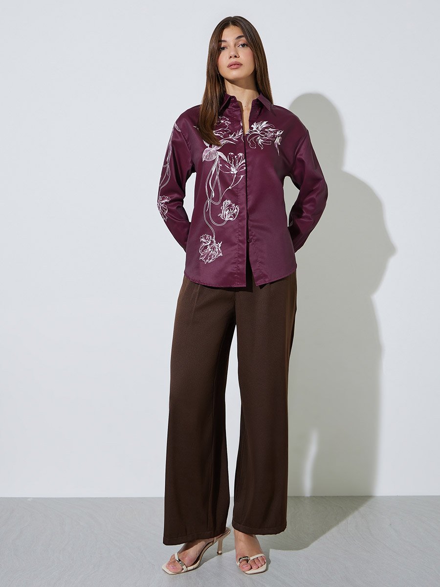 Burgundy Floral Print Long Sleeves Shirt