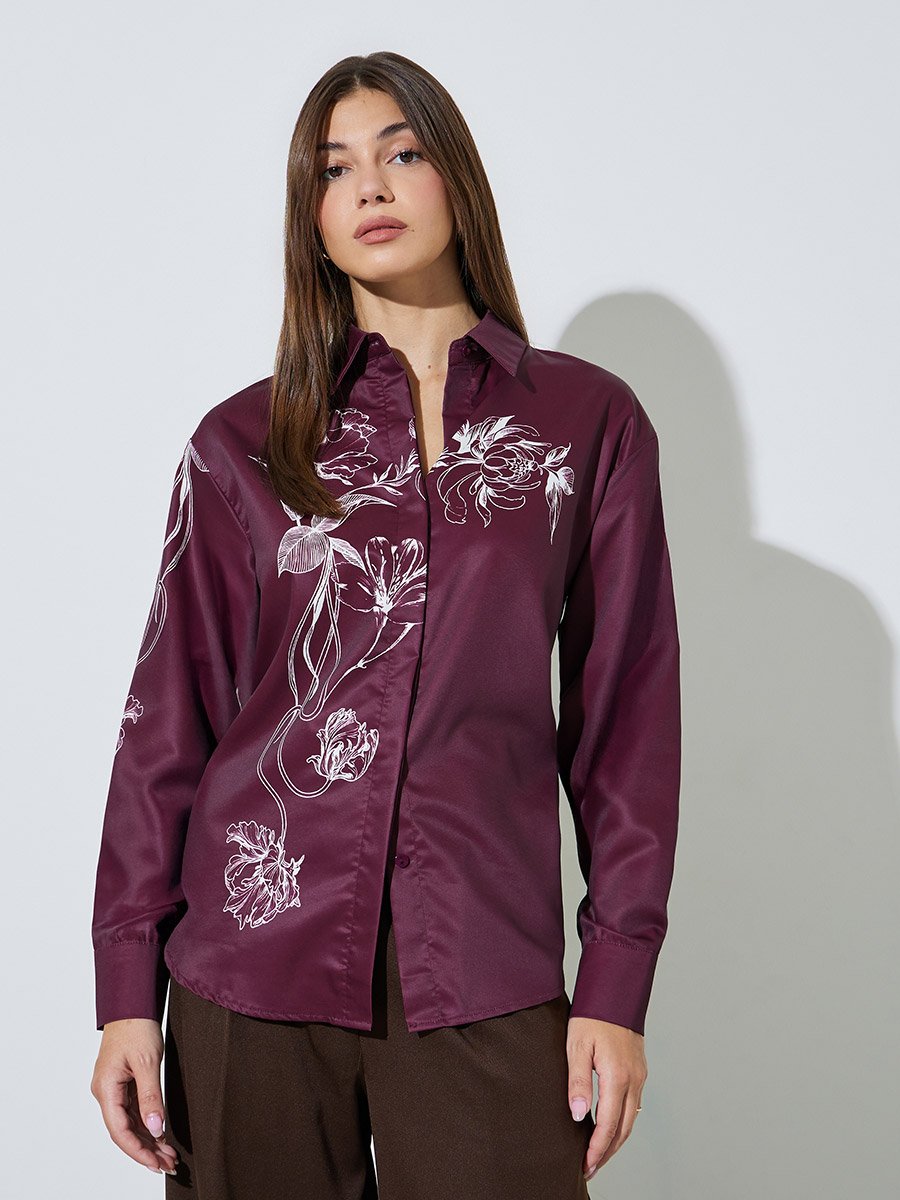 Burgundy Floral Print Long Sleeves Shirt