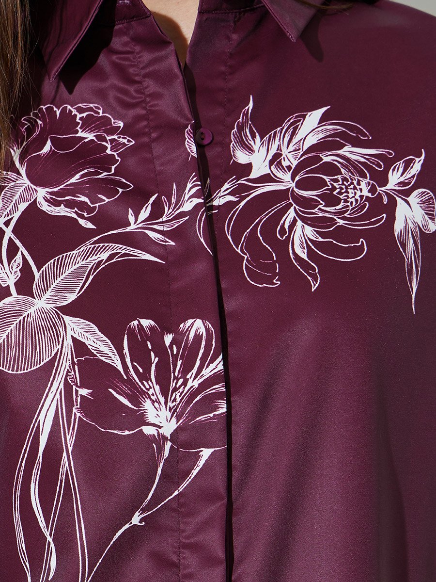 Burgundy Floral Print Long Sleeves Shirt