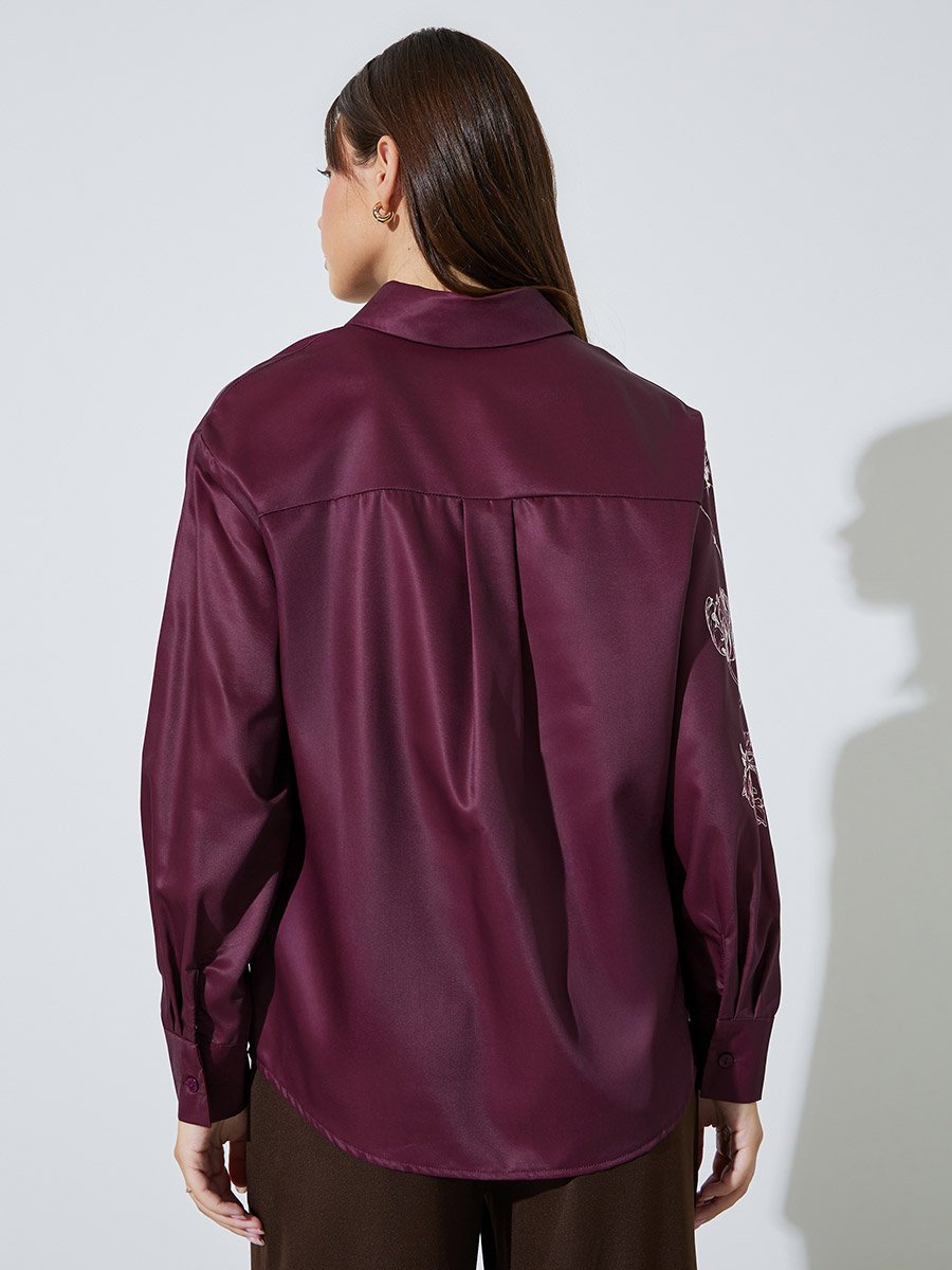 Burgundy Floral Print Long Sleeves Shirt