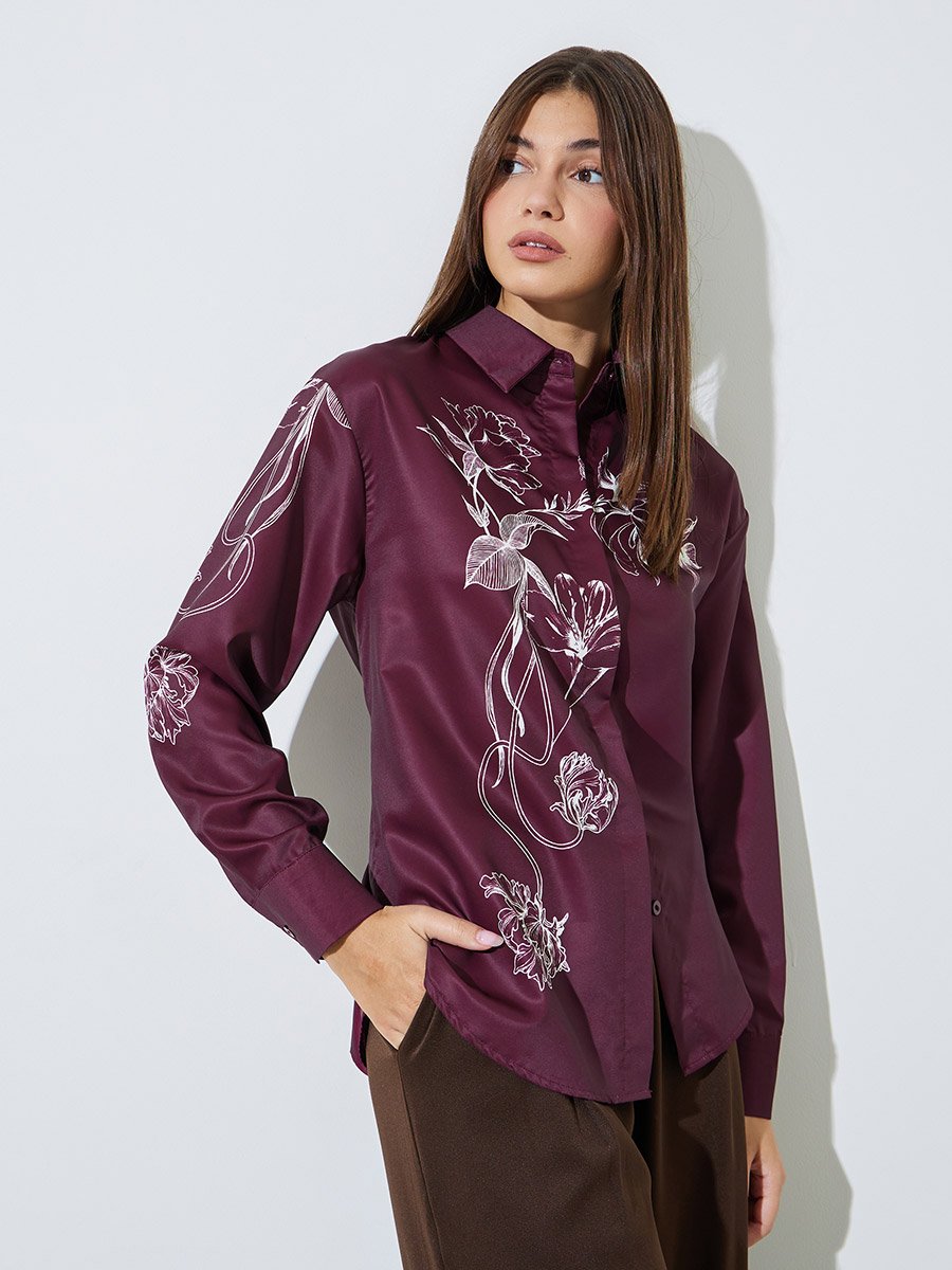 Burgundy Floral Print Long Sleeves Shirt