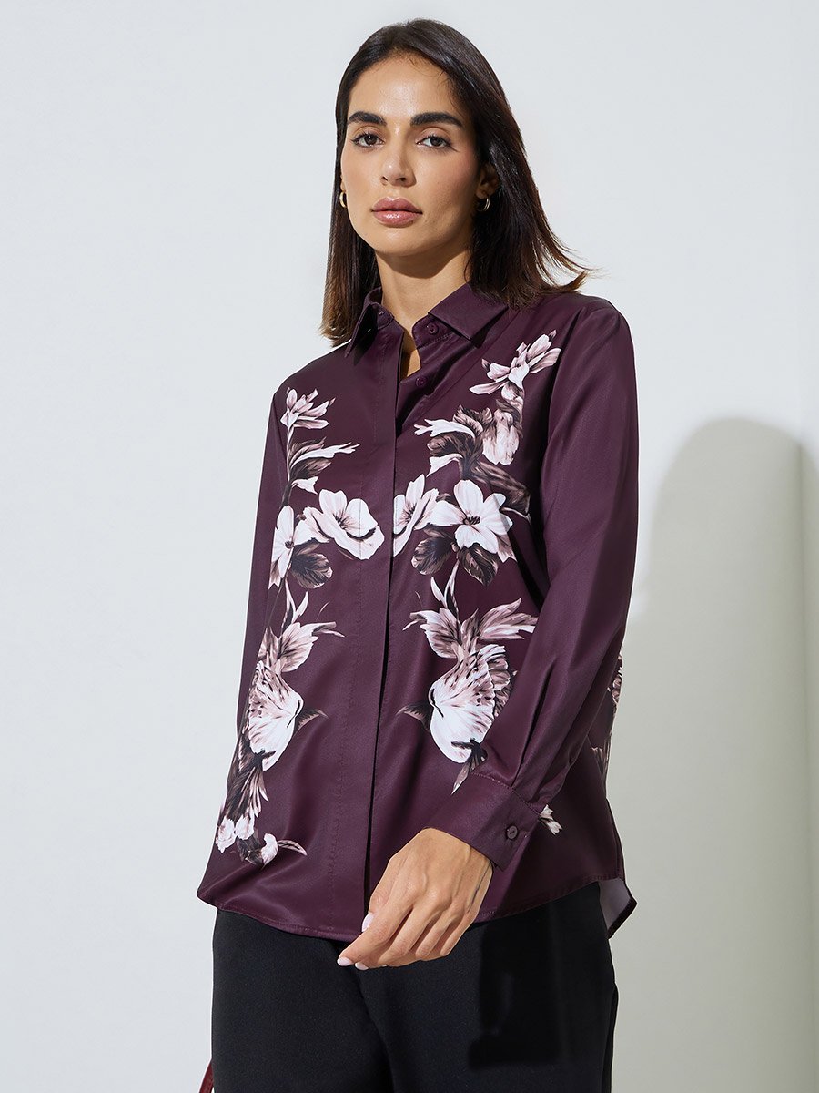 Purple Floral Print Long Sleeve Shirt 