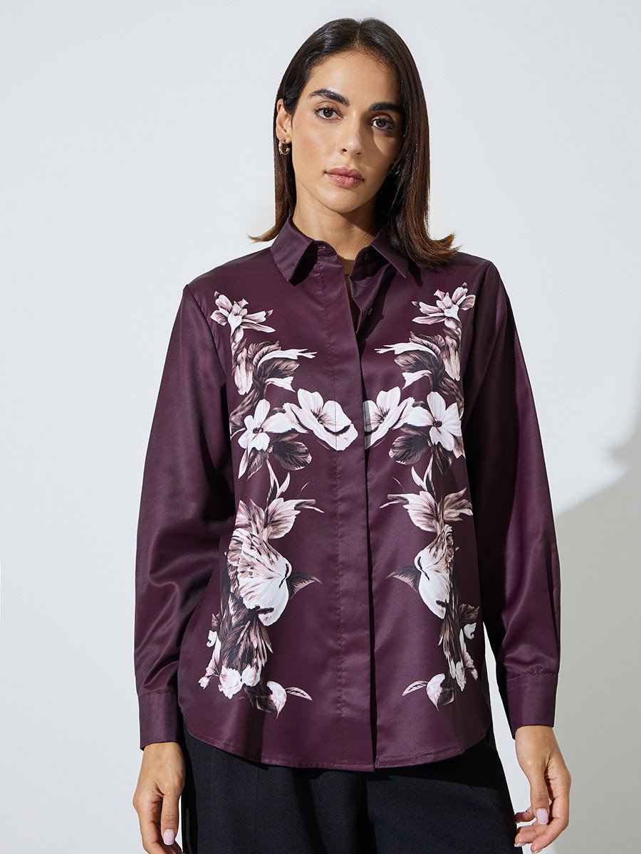 Purple Floral Print Long Sleeve Shirt 