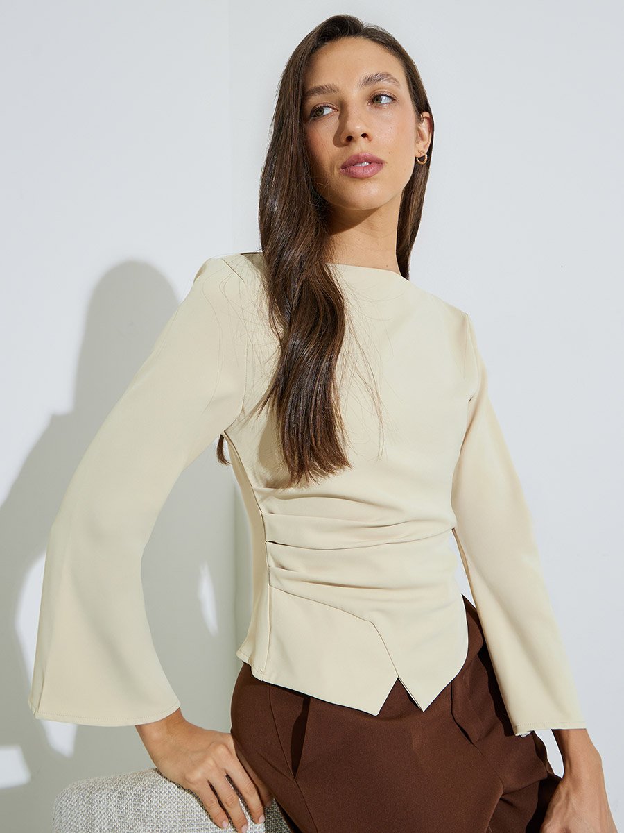 Butter Yellow Flared Sleeve Blouse with Asymmetric Hem