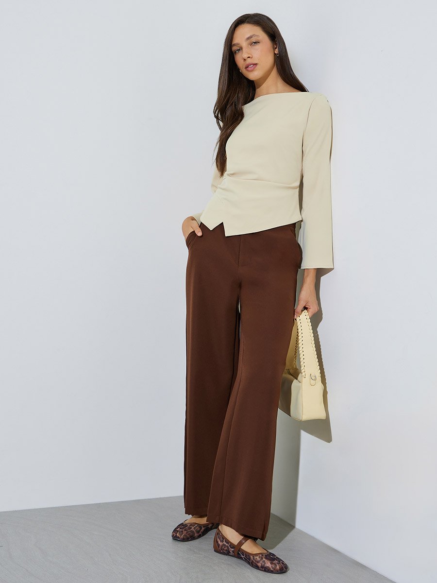 Butter Yellow Flared Sleeve Blouse with Asymmetric Hem