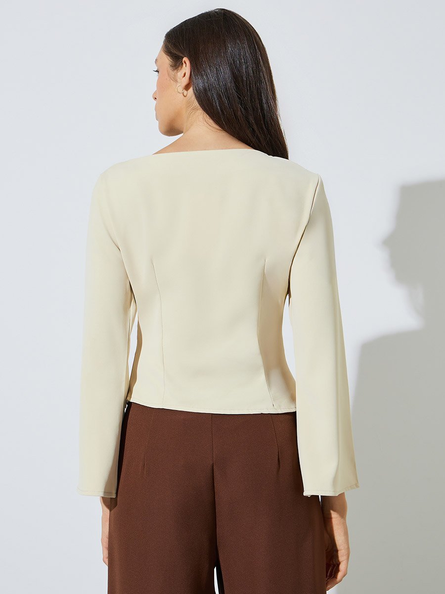 Butter Yellow Flared Sleeve Blouse with Asymmetric Hem