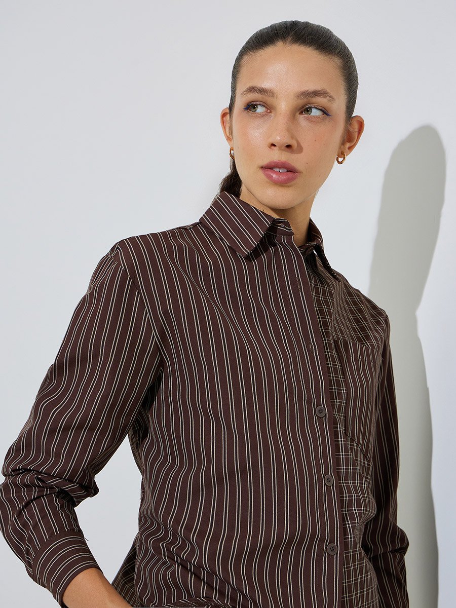 Brown Checked and Striped Long Sleeve Shirt