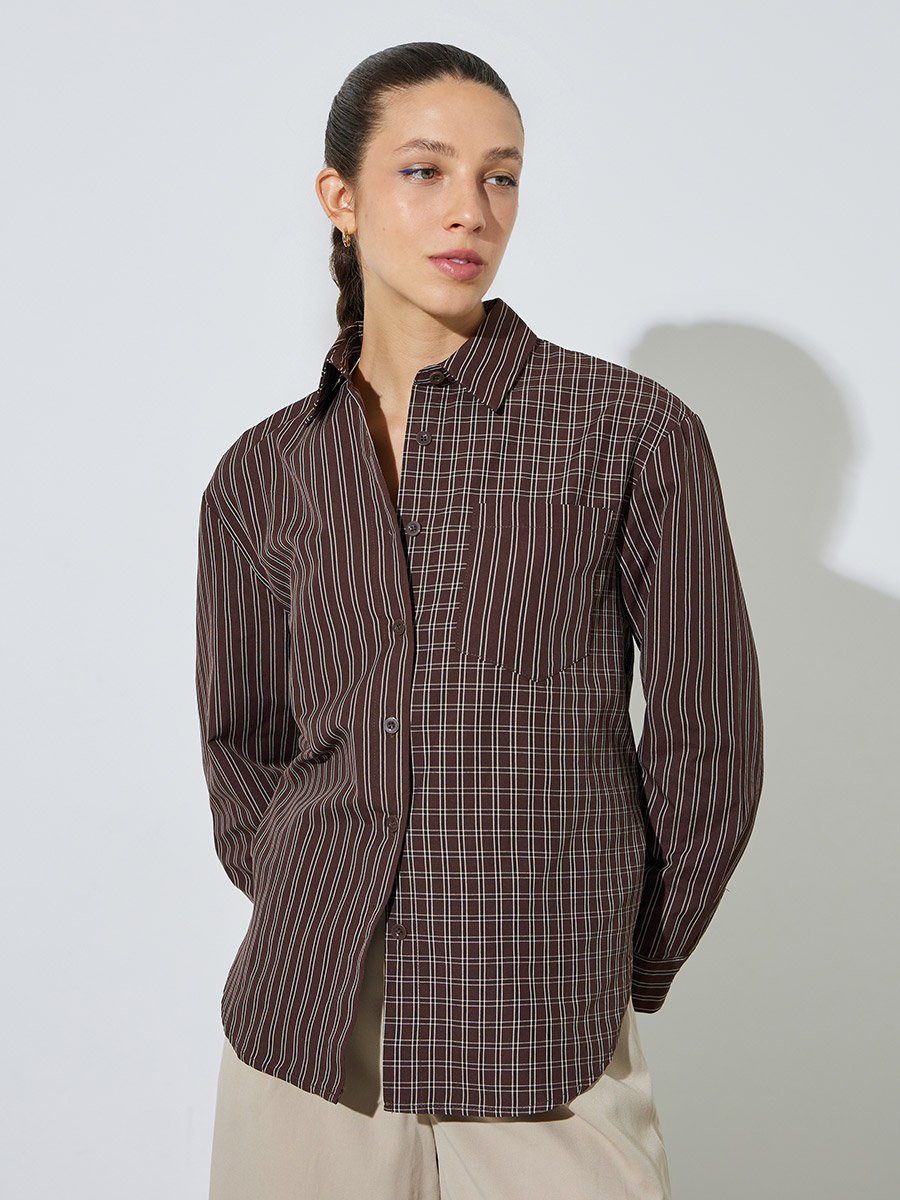 Brown Checked and Striped Long Sleeve Shirt