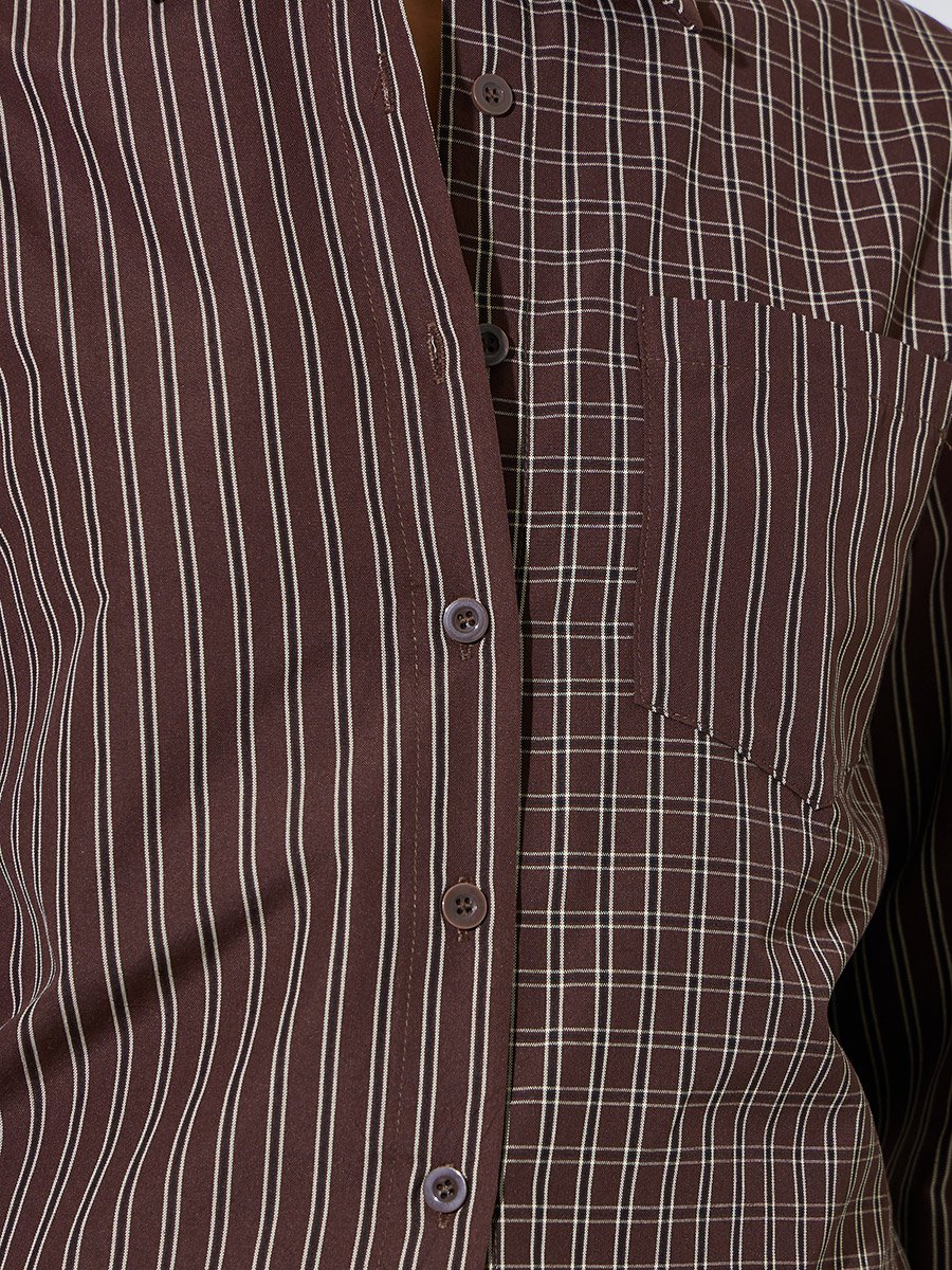 Brown Checked and Striped Long Sleeve Shirt