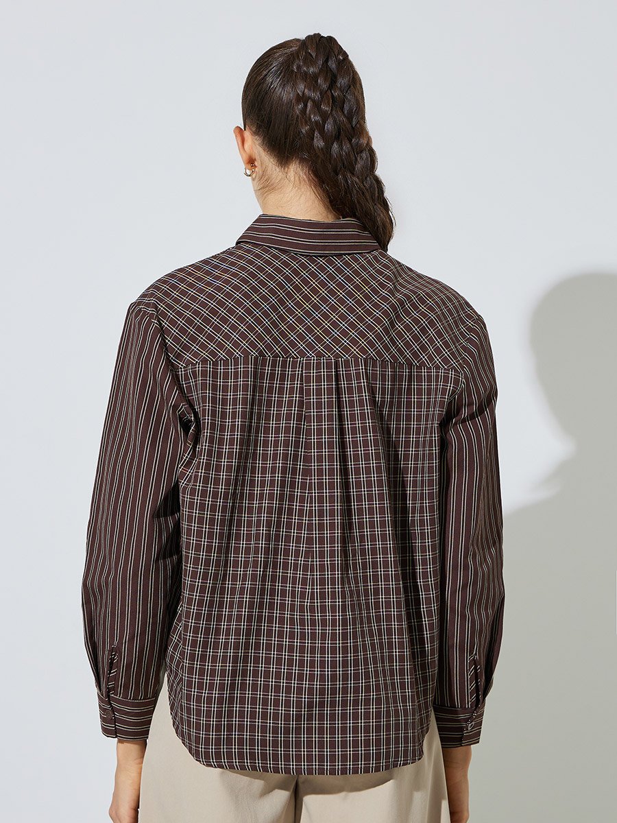 Brown Checked and Striped Long Sleeve Shirt