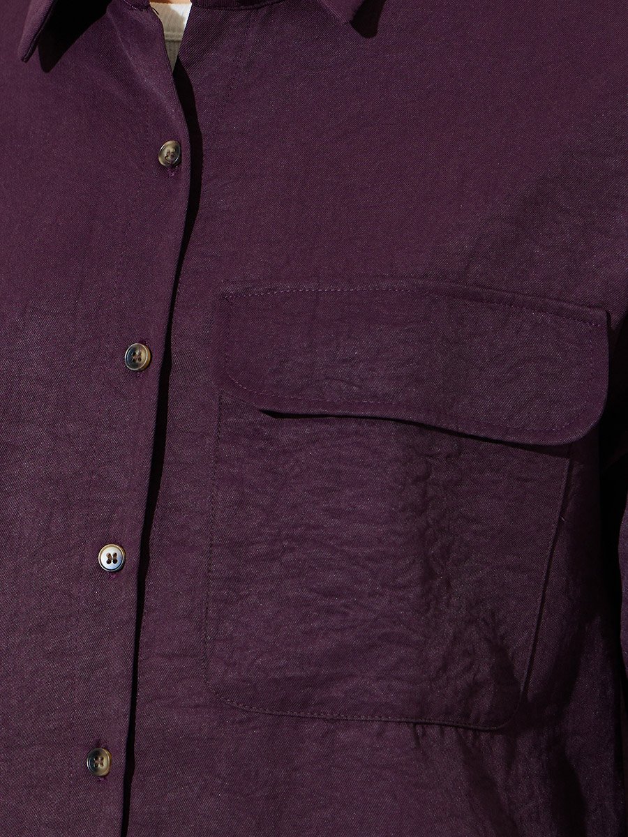 Burgundy Textured Pocket Detail Button-Up Overshirt