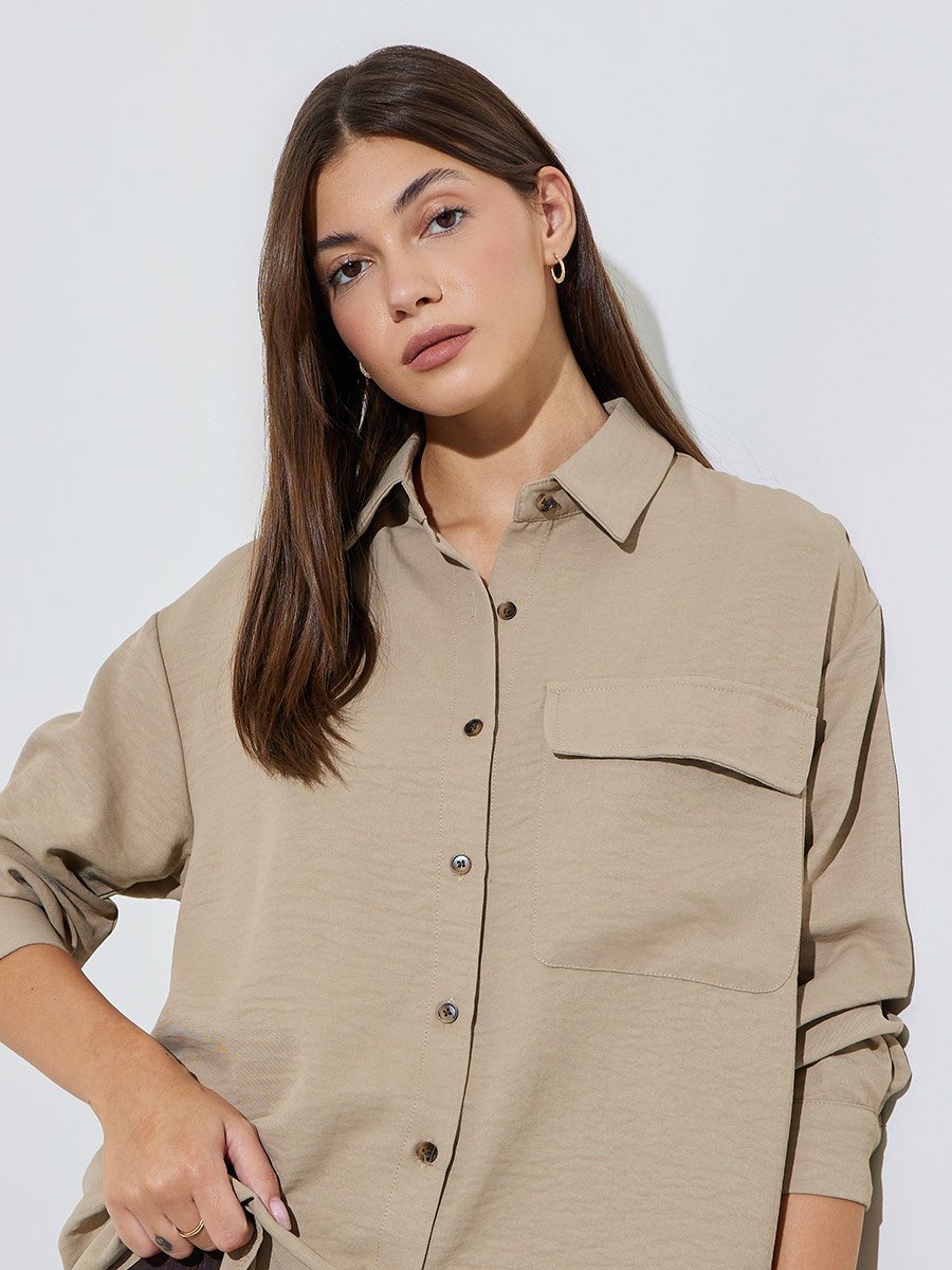 BeigeTextured Pocket Detail Button-Up Overshirt