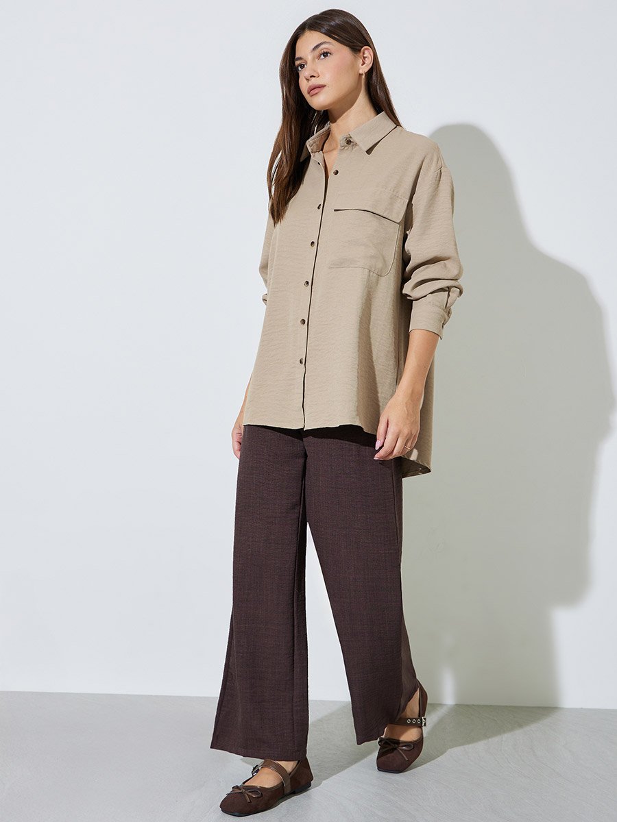 BeigeTextured Pocket Detail Button-Up Overshirt